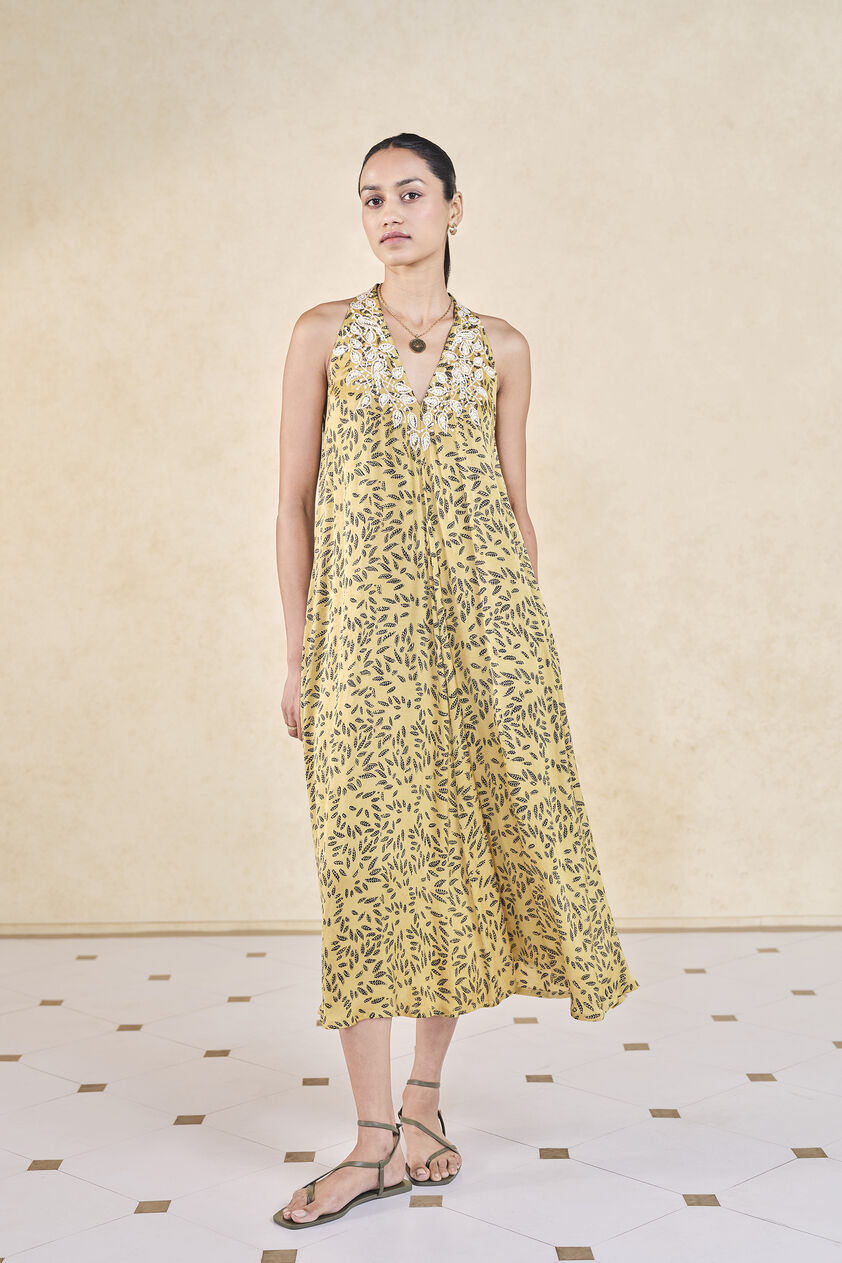 Leafbird Handcrafted Ajrakh A-Line Dress - Yellow, Yellow, image 1